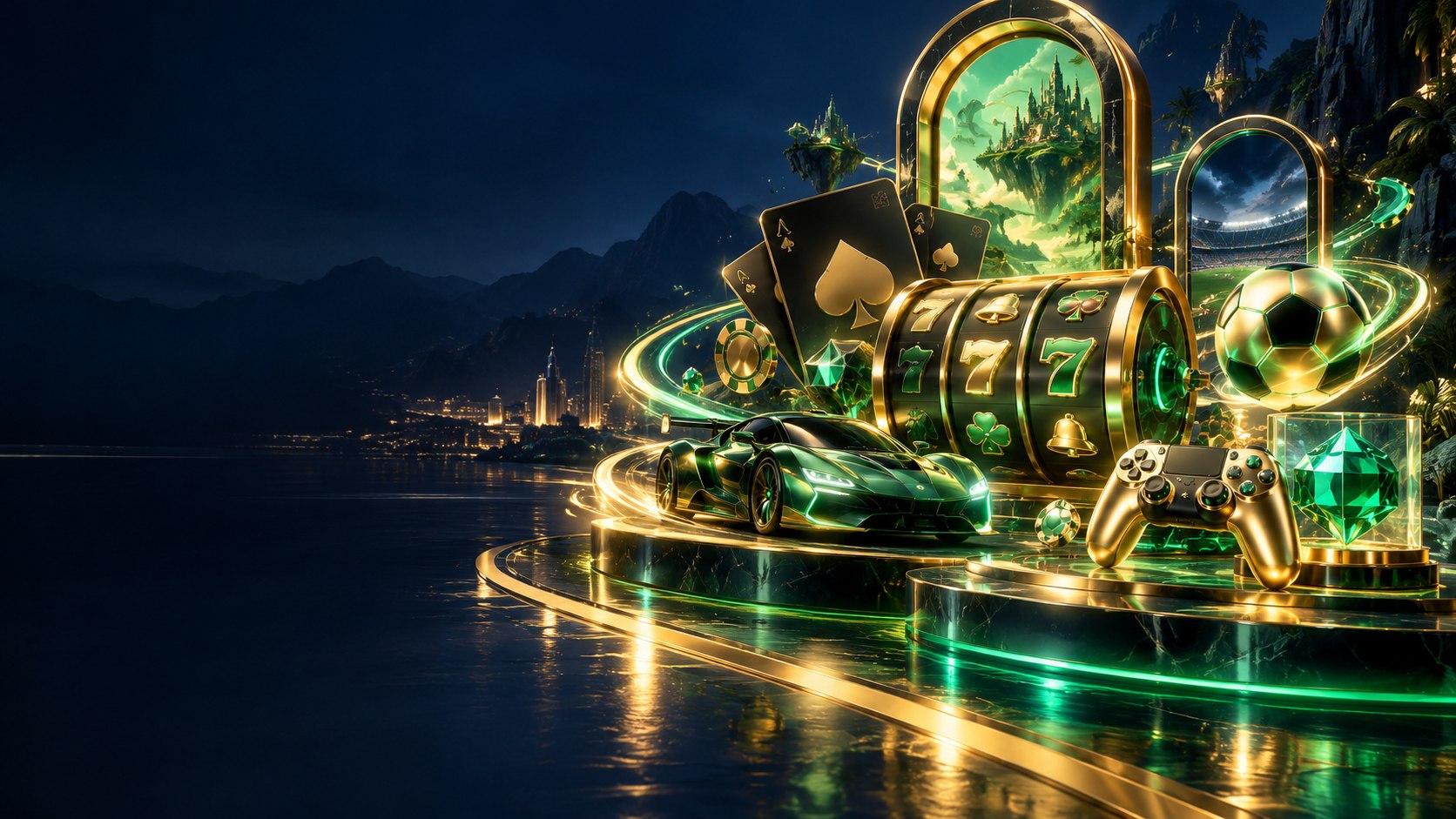 Etalase hiburan digital Admin77 dengan tema emerald dan emas